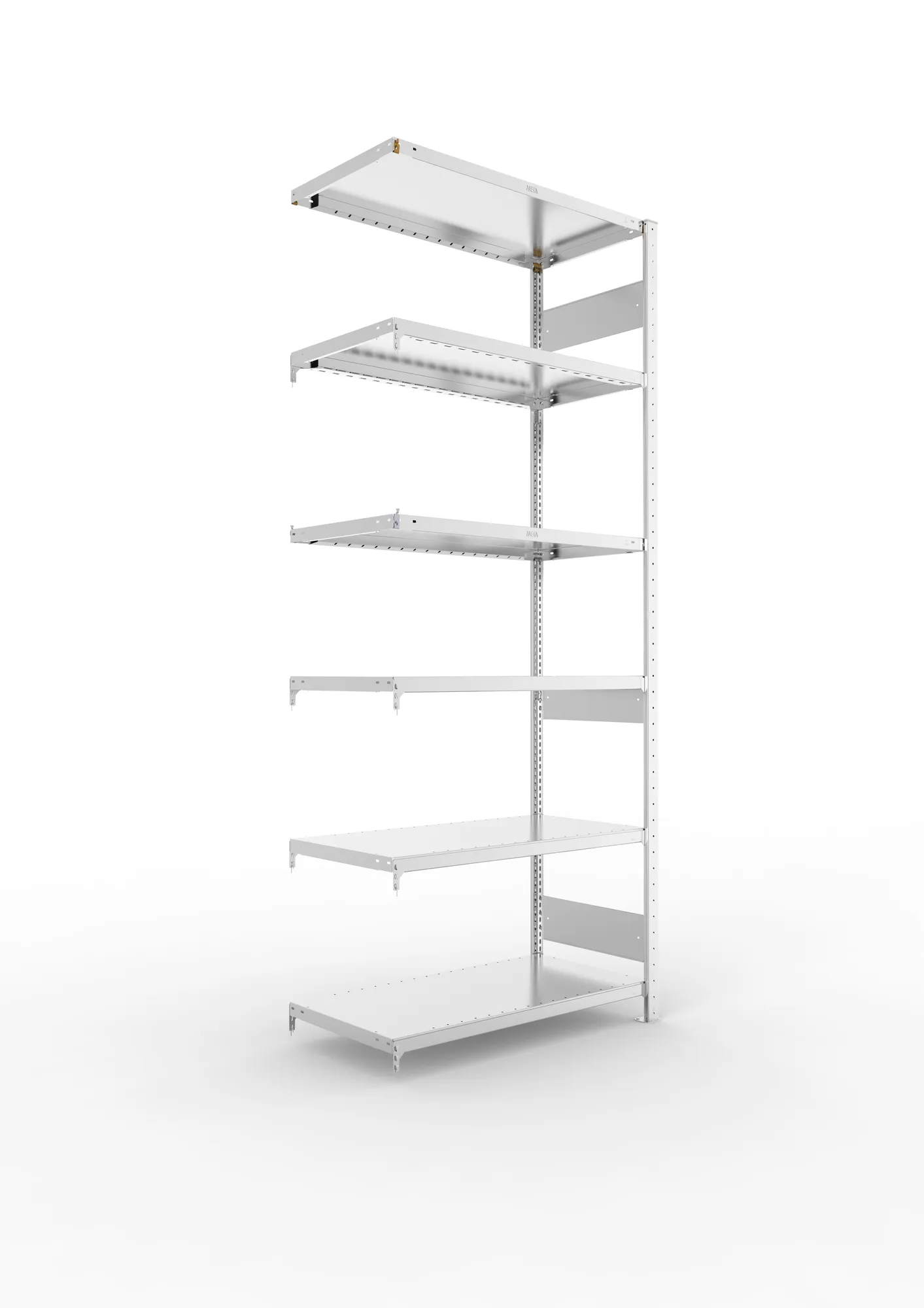 META CLIP S3 | Fachbodenregal | Anbauregal | 2500 x 1000 x 500 mm | Fachlast 230 kg | 5+1 Ebenen | Längsriegel | verzinkt